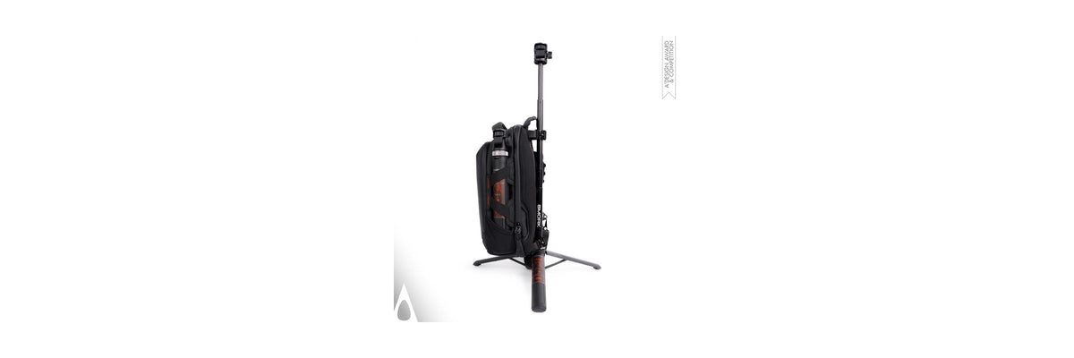 The Smorky Sling 6L click-mounted on the SMORK tripod, A' Design Award winner