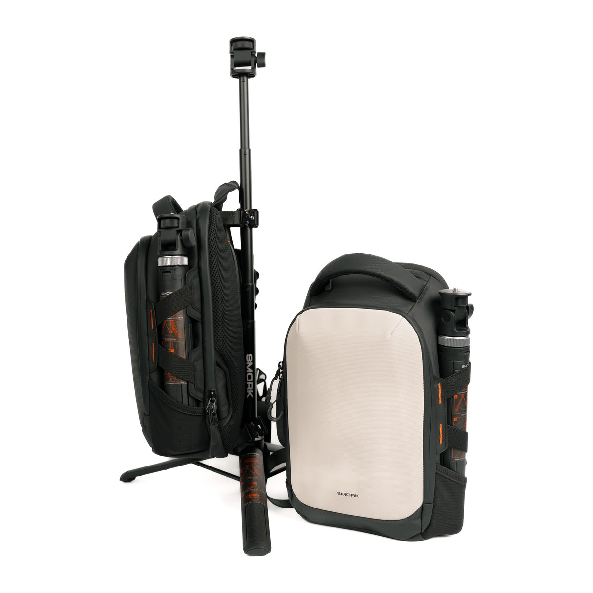 The Smorky Sling 6L in Stealth Black and Pearl White with the SMORK tripod