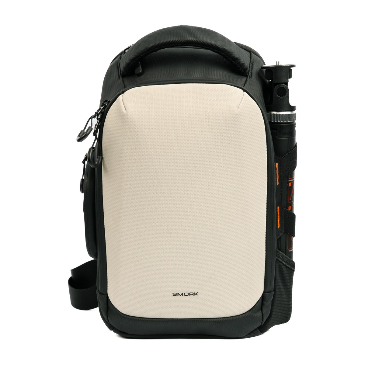 The Smorky Sling 6L in Pearl White — front view with tripod mounted